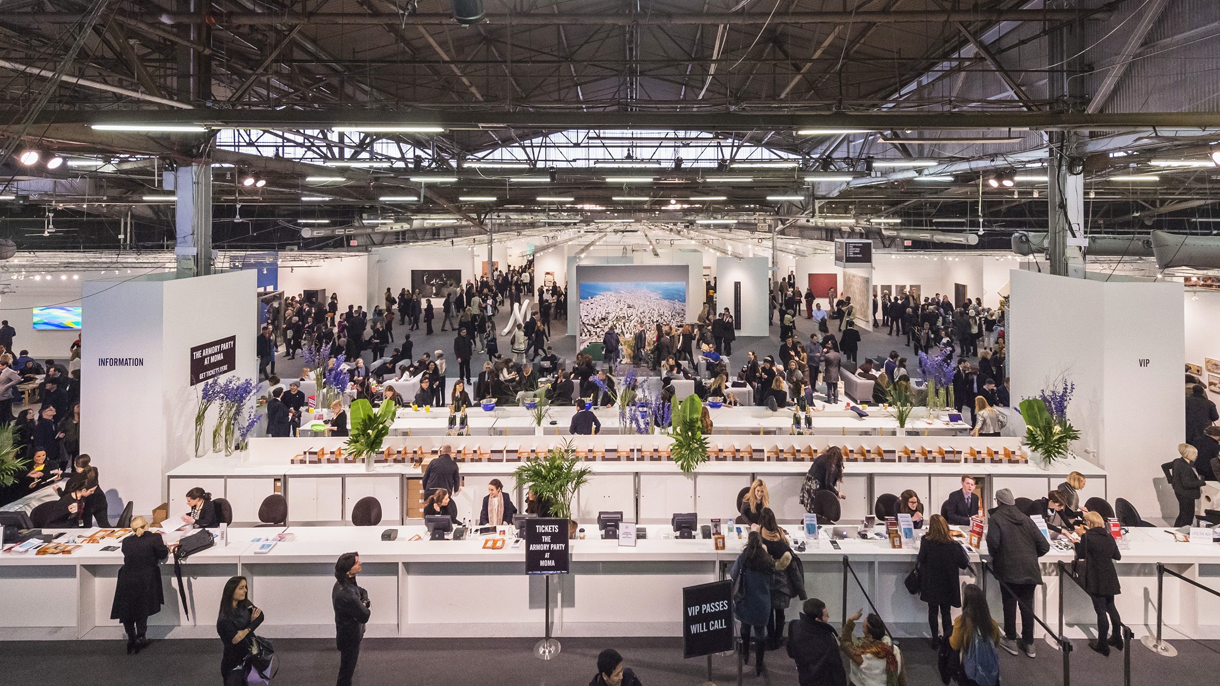 The Armory Show — overview from above, ticketing and VIP desks below the gallery floor