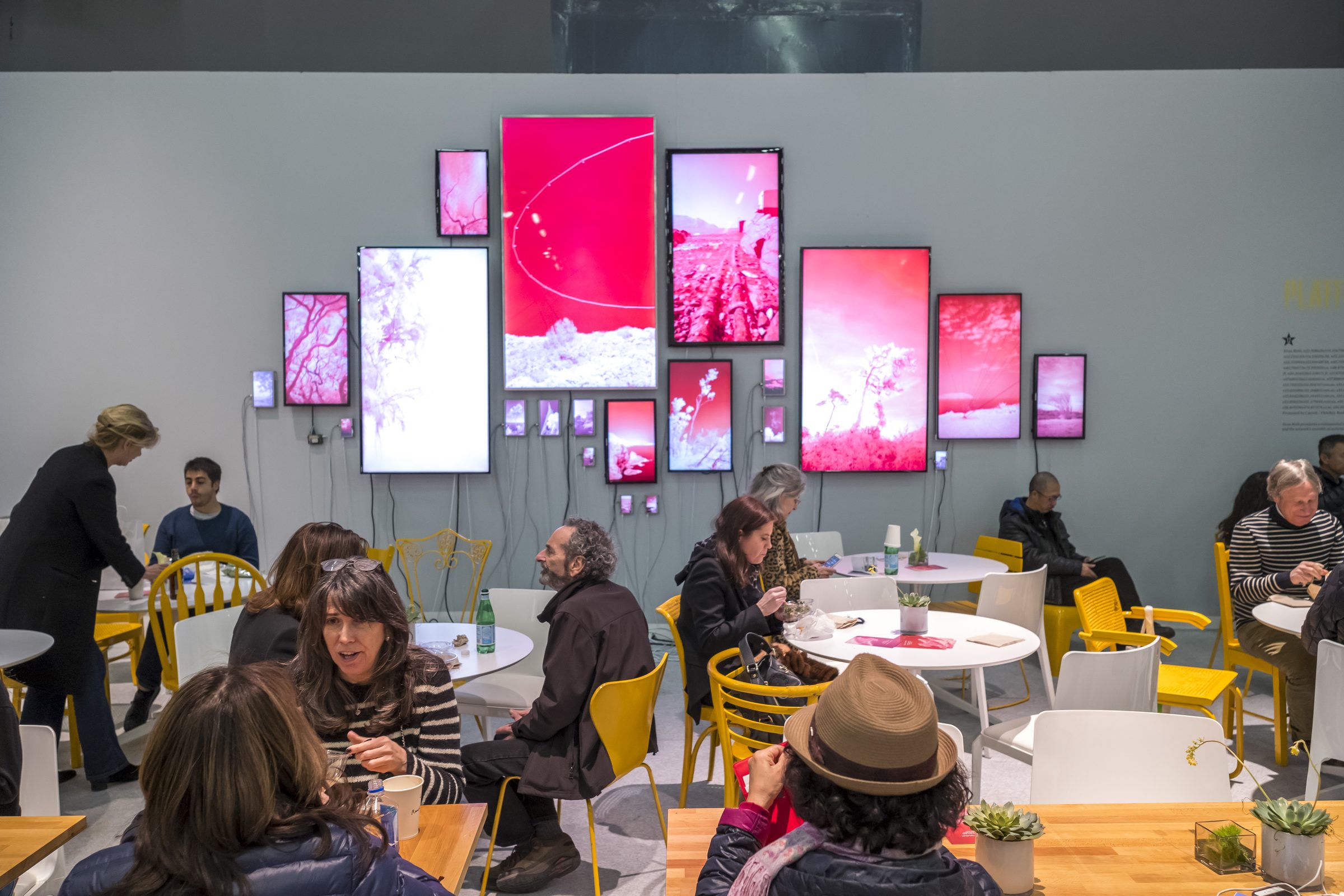 The Armory Show — caf&eacute; with infrared landscape photography on screens and yellow chairs